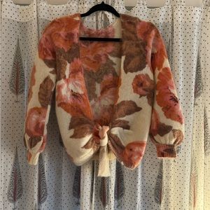 Sézane open front printed sweater with tie. Size S.
